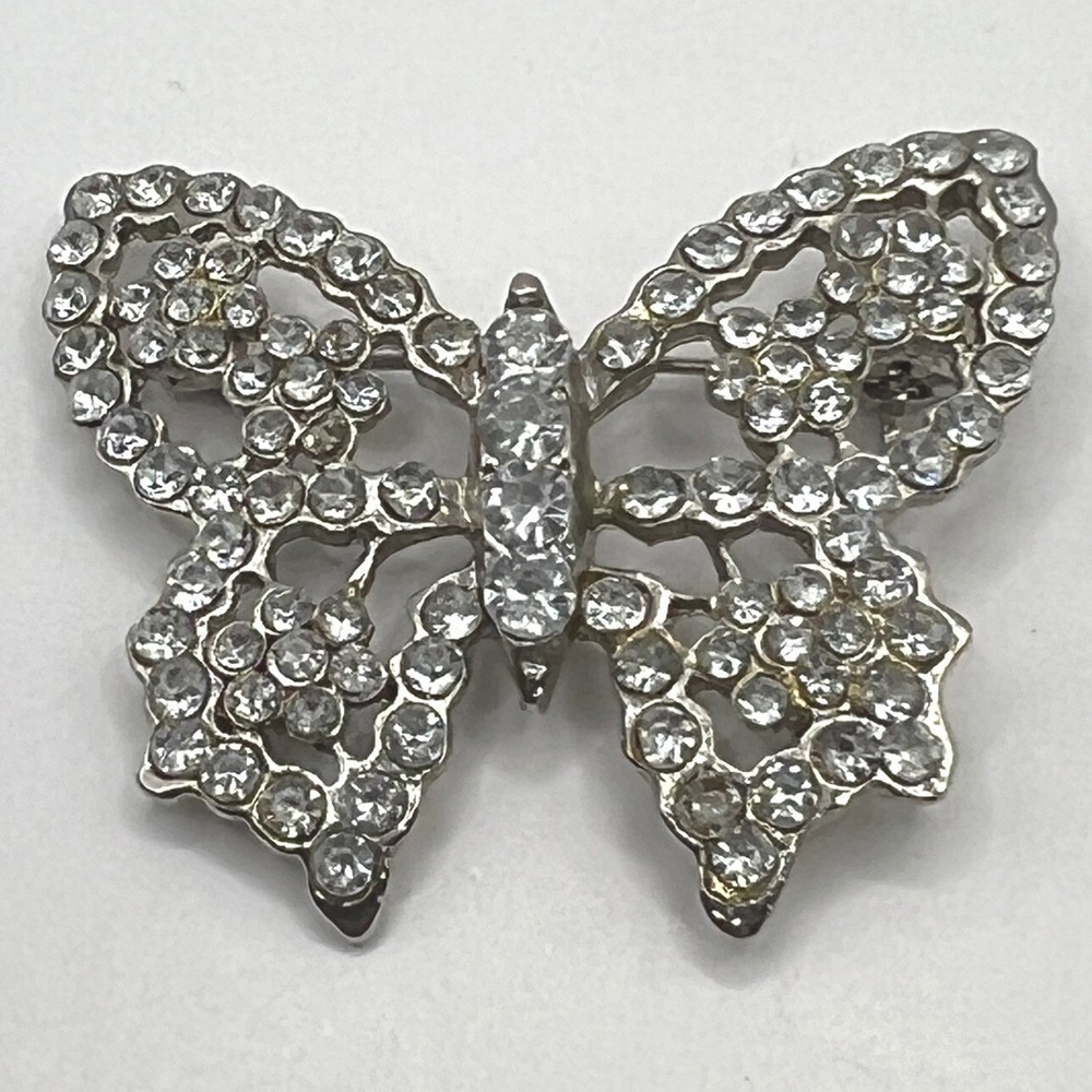 Vintage Butterfly Brooch Clear Rhinestone Silver Tone Pin